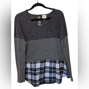 True Self Boho Mixed Media Knit Stripe Plaid Lace Back Top XL Cottagecore